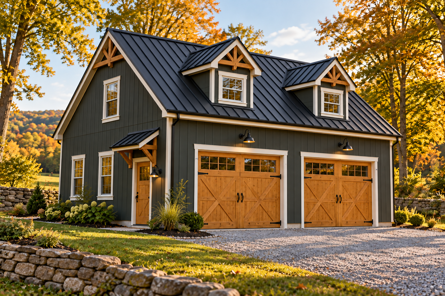Design concept of a dark green two-story garage with warm stained-wood doors and timber accents