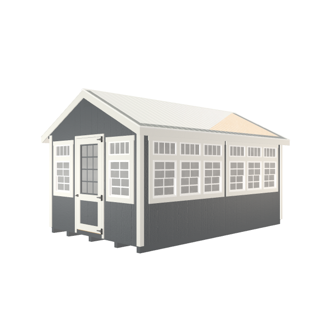 Painted New England Greenhouse catalog rendering with gray siding and white trim